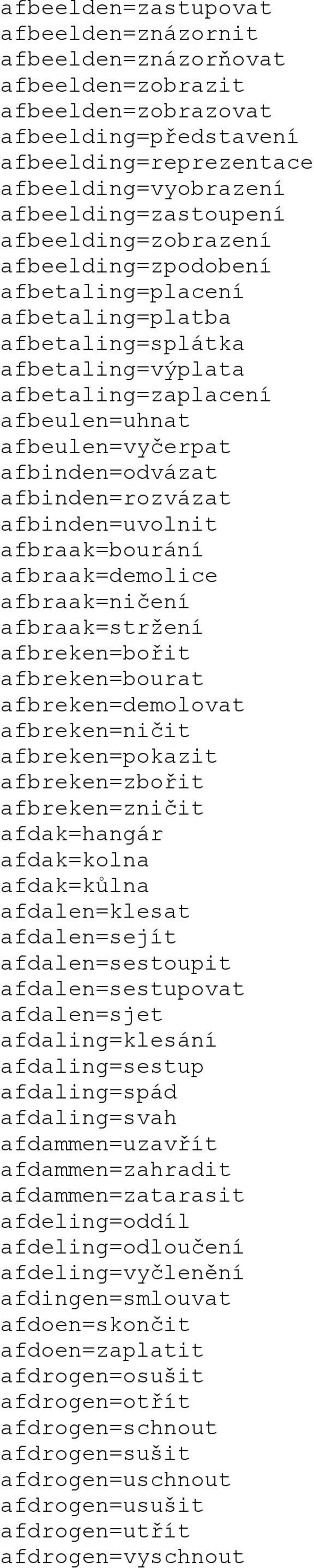 afbinden=rozvázat afbinden=uvolnit afbraak=bourání afbraak=demolice afbraak=ničení afbraak=stržení afbreken=bořit afbreken=bourat afbreken=demolovat afbreken=ničit afbreken=pokazit afbreken=zbořit