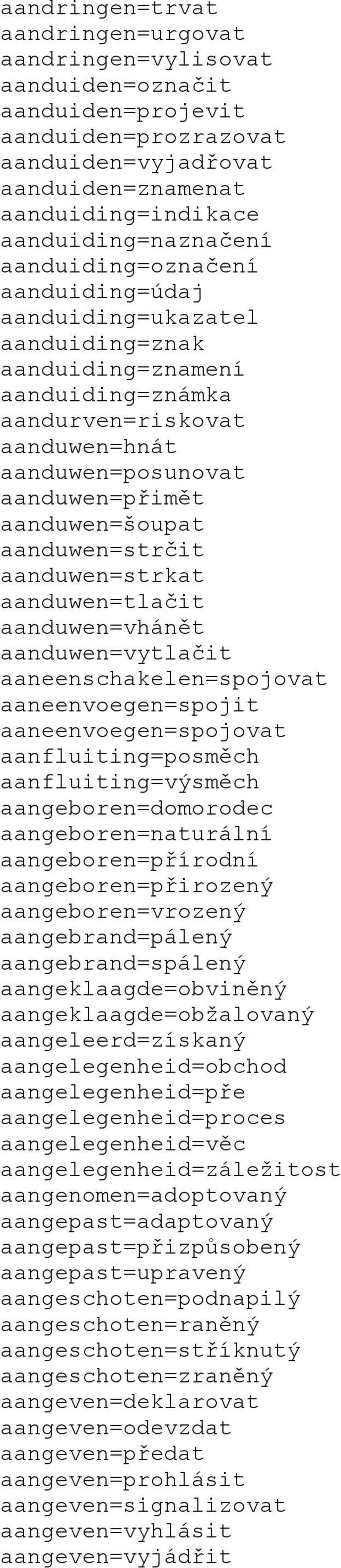 aanduwen=strčit aanduwen=strkat aanduwen=tlačit aanduwen=vhánět aanduwen=vytlačit aaneenschakelen=spojovat aaneenvoegen=spojit aaneenvoegen=spojovat aanfluiting=posměch aanfluiting=výsměch