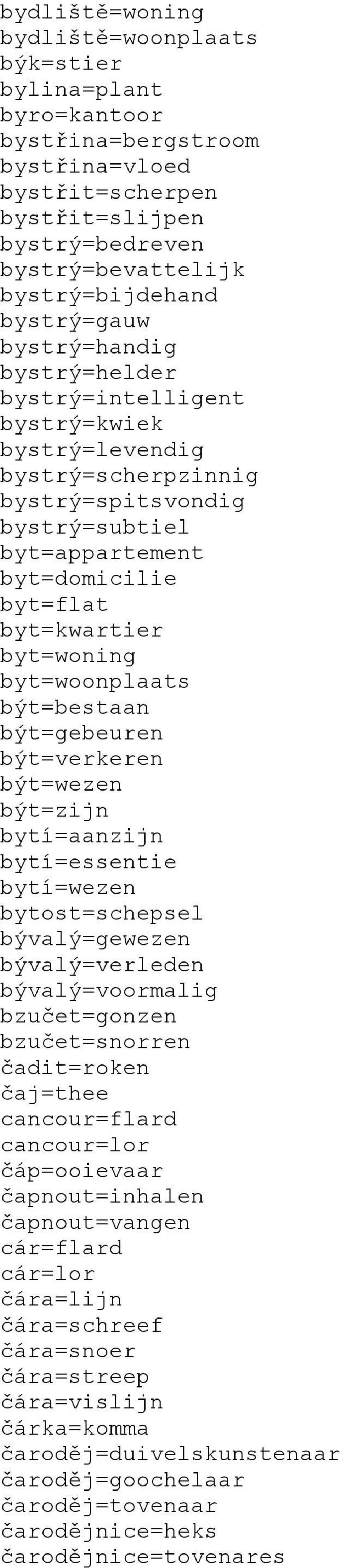 byt=woning byt=woonplaats být=bestaan být=gebeuren být=verkeren být=wezen být=zijn bytí=aanzijn bytí=essentie bytí=wezen bytost=schepsel bývalý=gewezen bývalý=verleden bývalý=voormalig bzučet=gonzen