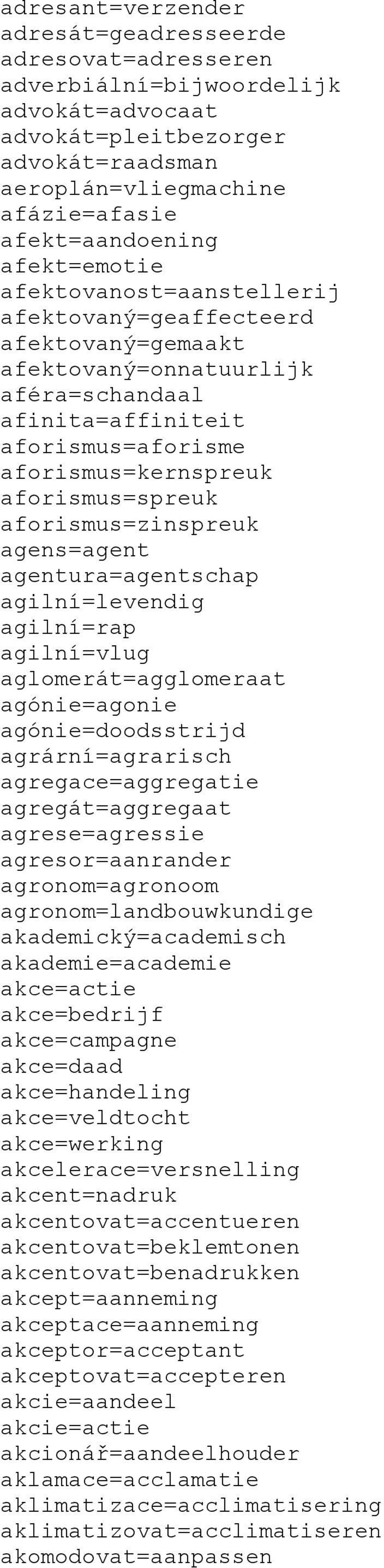 aforismus=zinspreuk agens=agent agentura=agentschap agilní=levendig agilní=rap agilní=vlug aglomerát=agglomeraat agónie=agonie agónie=doodsstrijd agrární=agrarisch agregace=aggregatie