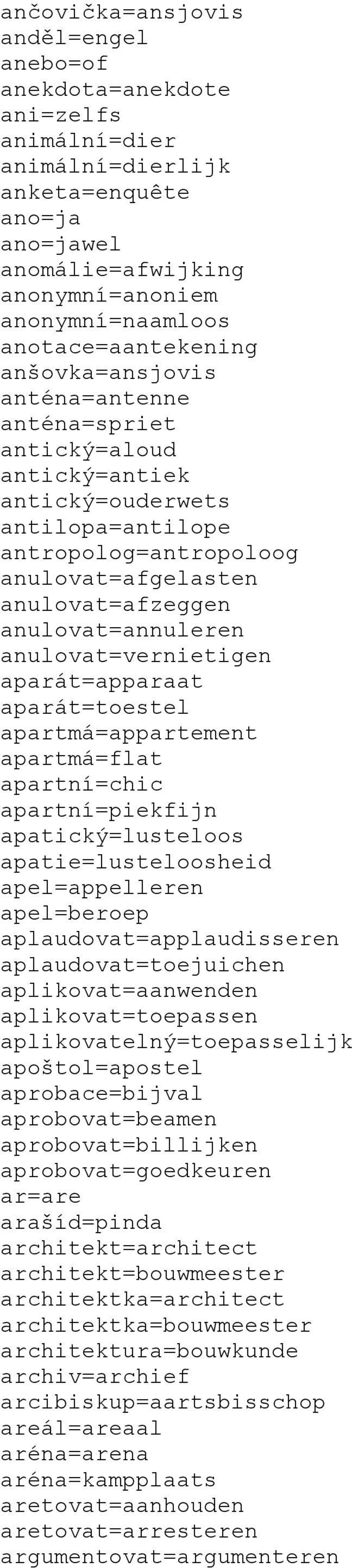 anulovat=annuleren anulovat=vernietigen aparát=apparaat aparát=toestel apartmá=appartement apartmá=flat apartní=chic apartní=piekfijn apatický=lusteloos apatie=lusteloosheid apel=appelleren