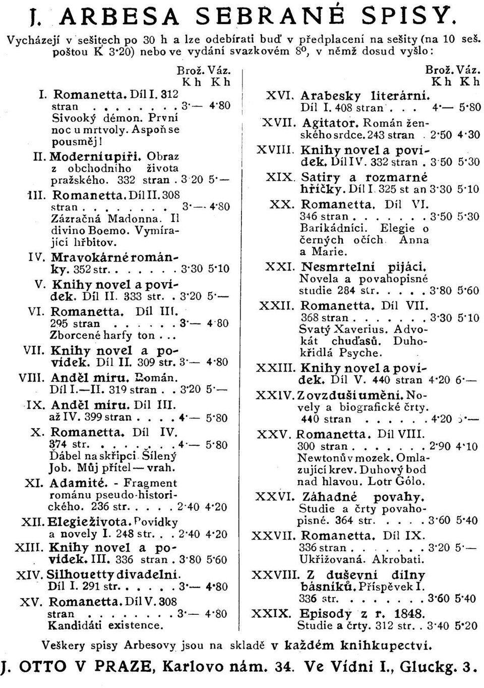 308 stran 3-4-80 Zazracna Madonna. 11 divino Boemo. Vymfrajici hfbitov. IV. MravoMrneromanky. 352 str 3-30 5-10 V. Knihy novel a povidek. Dil II. 333 str.. 3-20 5- VI. Romanetta, Dil lit.