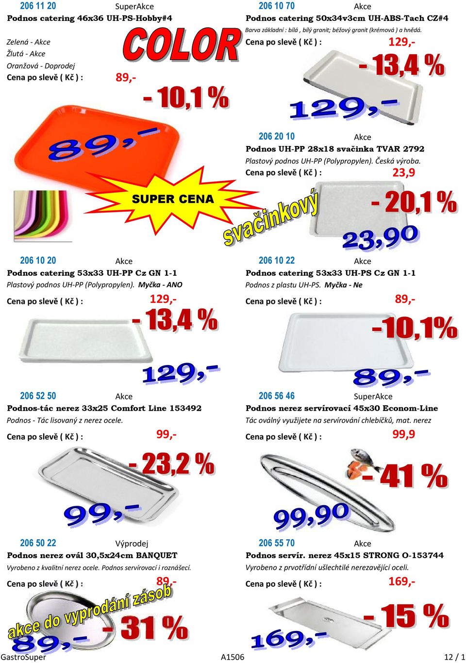 23,9 206 10 20 Akce 206 10 22 Akce Podnos catering 53x33 UH-PP Cz GN 1-1 Podnos catering 53x33 UH-PS Cz GN 1-1 Plastový podnos UH-PP (Polypropylen). Myčka - ANO Podnos z plastu UH-PS.