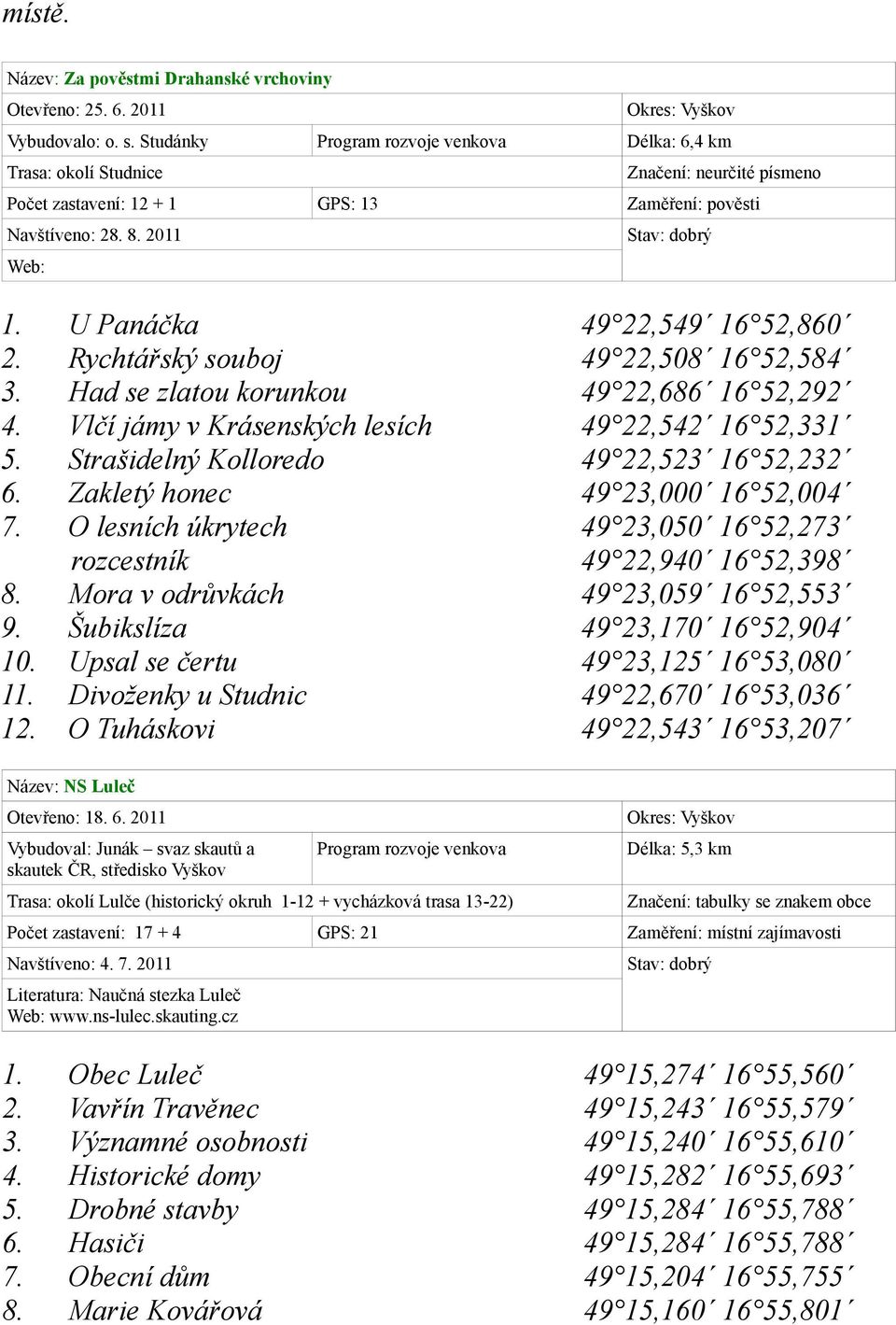 U Panáčka 49 22,549 16 52,860 2. Rychtářský souboj 49 22,508 16 52,584 3. Had se zlatou korunkou 49 22,686 16 52,292 4. Vlčí jámy v Krásenských lesích 49 22,542 16 52,331 5.