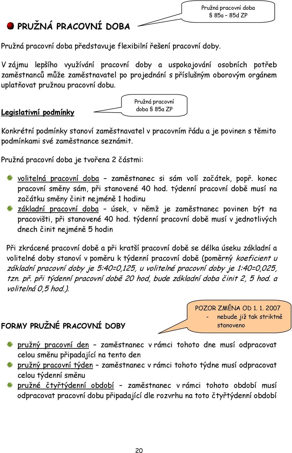 Legislativní podmínky Pružná pracovní doba 85a ZP Konkrétní podmínky stanoví zaměstnavatel v pracovním řádu a je povinen s těmito podmínkami své zaměstnance seznámit.
