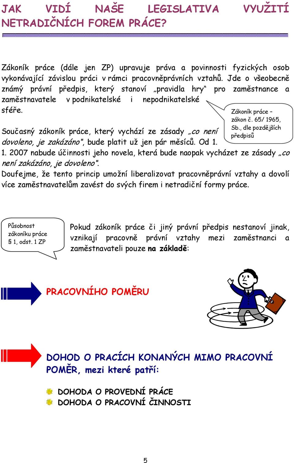 Současný zákoník práce, který vychází ze zásady co není dovoleno, je zakázáno, bude platit už jen pár měsíců. Od 1. Zákoník práce zákon č. 65/ 1965, Sb., dle pozdějších předpisů 1.