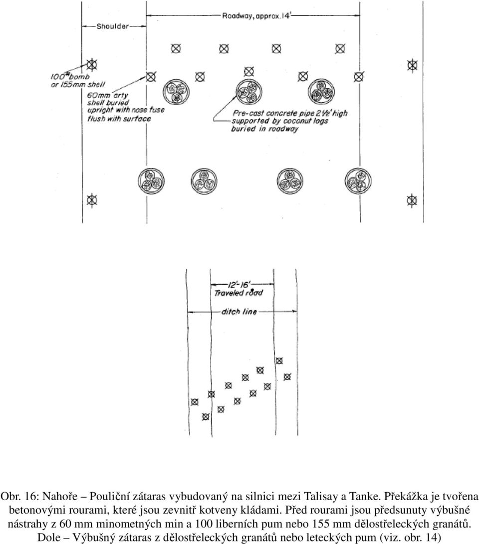 Před rourami jsou předsunuty výbušné nástrahy z 60 mm minometných min a 100 liberních pum