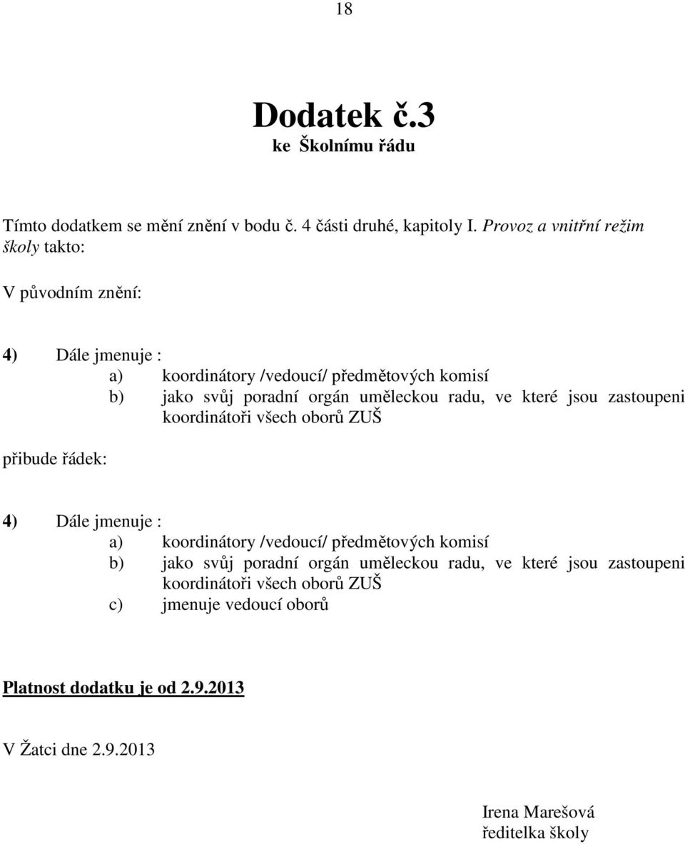 uměleckou radu, ve které jsou zastoupeni koordinátoři všech oborů ZUŠ přibude řádek: 4) Dále jmenuje : a) koordinátory /vedoucí/ předmětových komisí