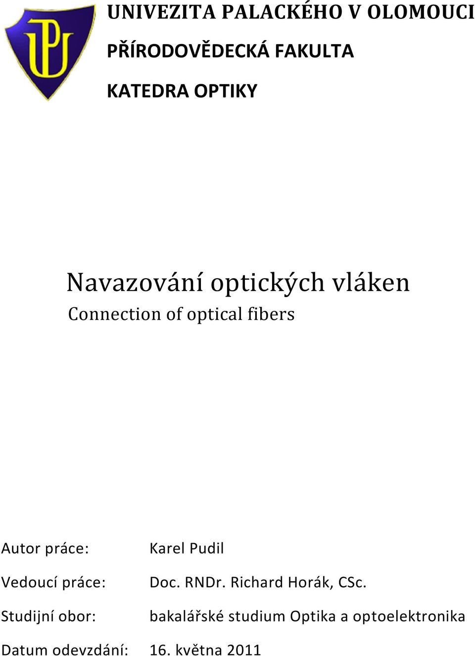 Vedoucí práce: Studijní obor: Karel Pudil Doc. RNDr. Richard Horák, CSc.