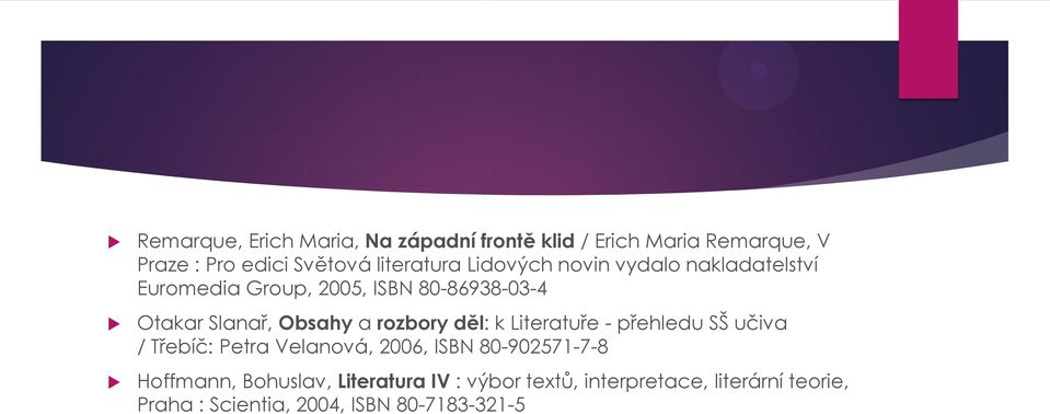 Literatuře - přehledu SŠ učiva / Třebíč: Petra Velanová, 2006, ISBN 80-902571-7-8 Hoffmann, Bohuslav,