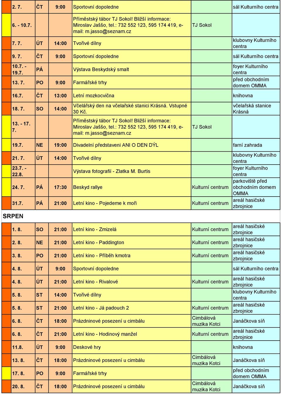 7. SO 14:00 13. - 17. 7. Včelářský den na včelařské stanici Krásná. Vstupné 30 Kč. Příměstský tábor! Bližší informace: Miroslav Jaššo, tel.: 732 552 123, 595 174 419, e- mail: m.jasso@seznam.