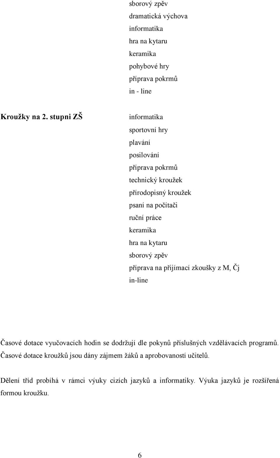 hra na kytaru sborový zpěv příprava na přijímací zkoušky z M, Čj in-line Časové dotace vyučovacích hodin se dodržují dle pokynů příslušných
