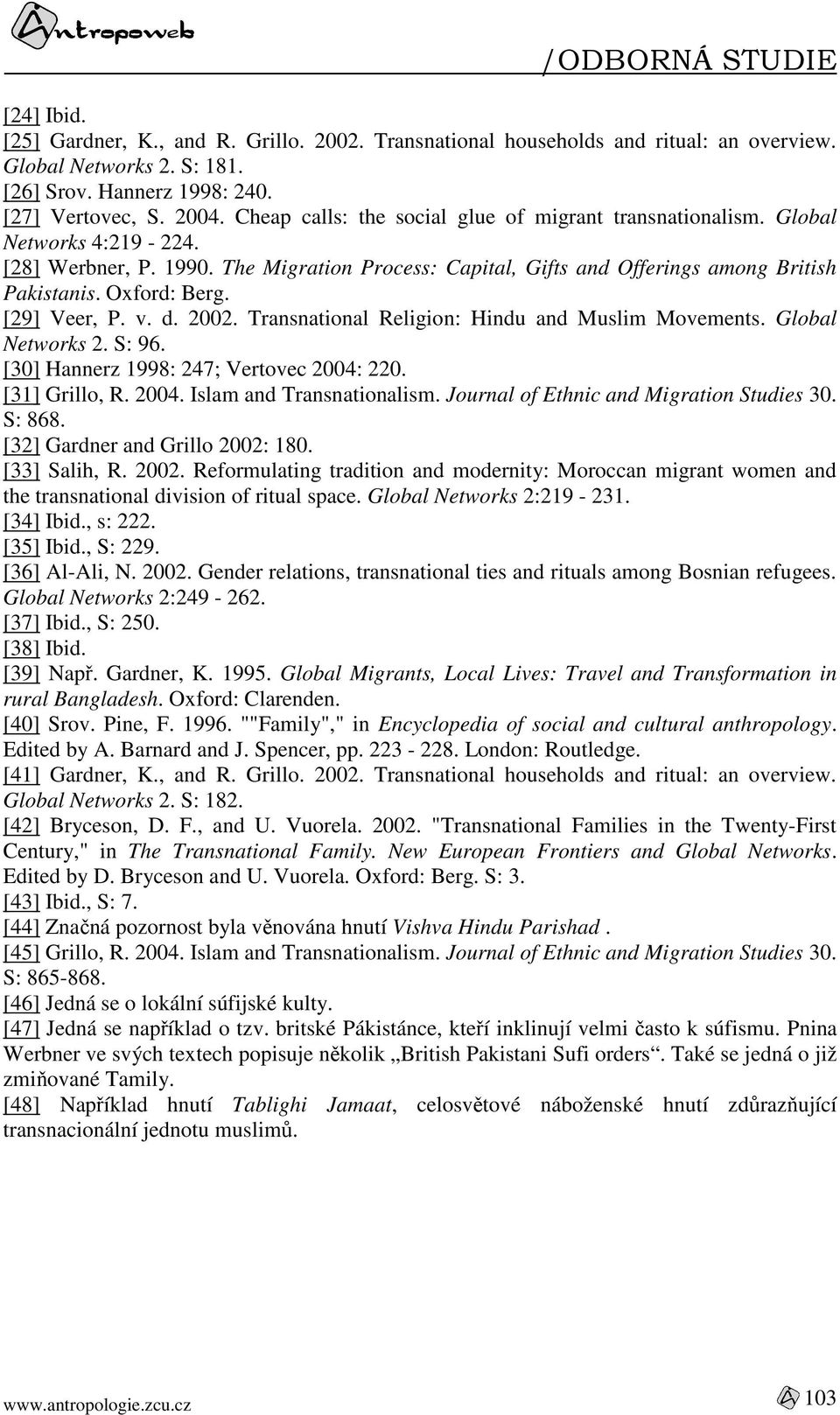 [29] Veer, P. v. d. 2002. Transnational Religion: Hindu and Muslim Movements. Global Networks 2. S: 96. [30] Hannerz 1998: 247; Vertovec 2004: 220. [31] Grillo, R. 2004. Islam and Transnationalism.