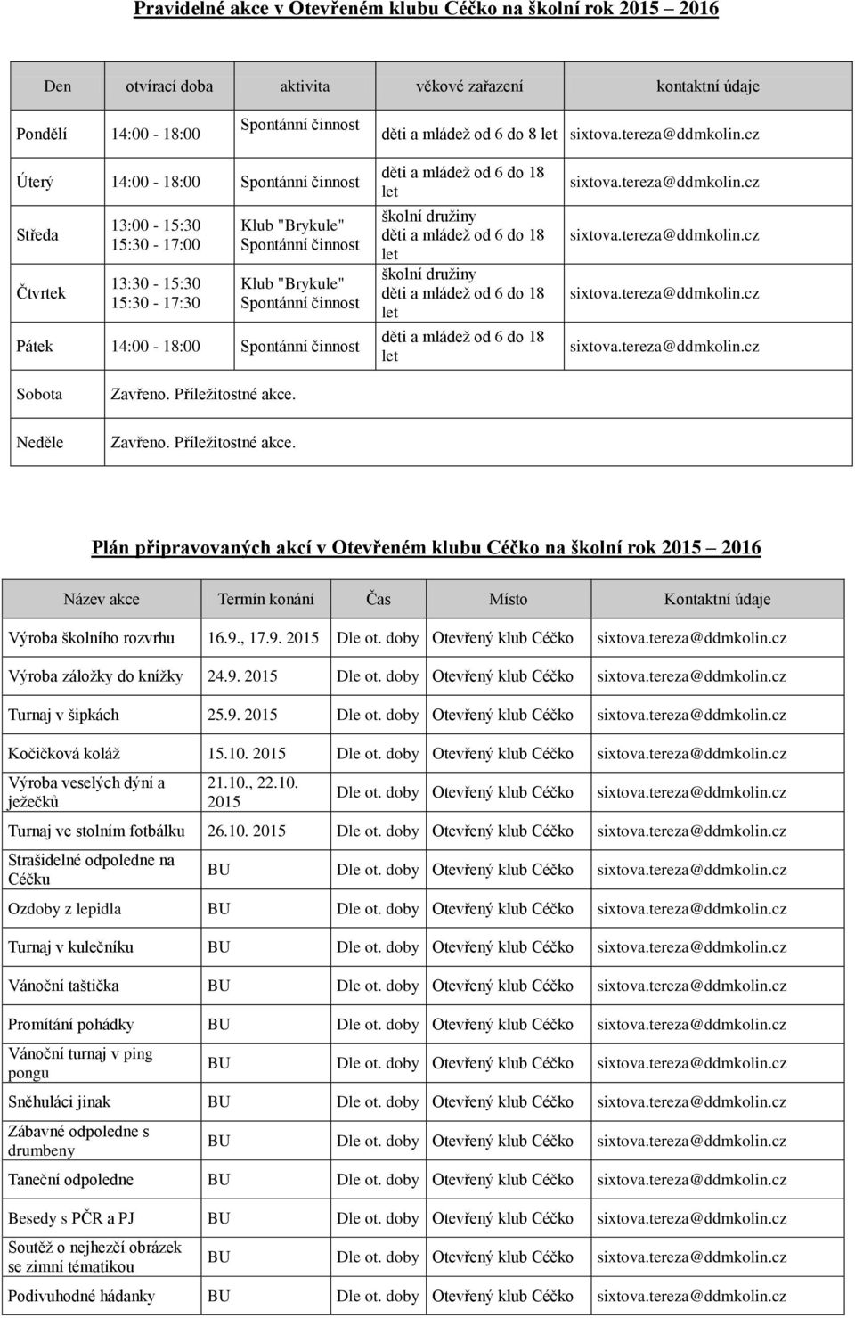 cz Úterý 14:00-18:00 Spontánní činnost Středa Čtvrtek 13:00-15:30 15:30-17:00 13:30-15:30 15:30-17:30 Klub "Brykule" Spontánní činnost Klub "Brykule" Spontánní činnost Pátek 14:00-18:00 Spontánní