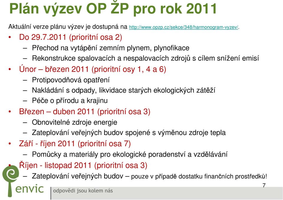 Protipovodňová opatření Nakládání s odpady, likvidace starých ekologických zátěží Péče o přírodu a krajinu Březen duben 2011 (prioritní osa 3) Obnovitelné zdroje energie Zateplování