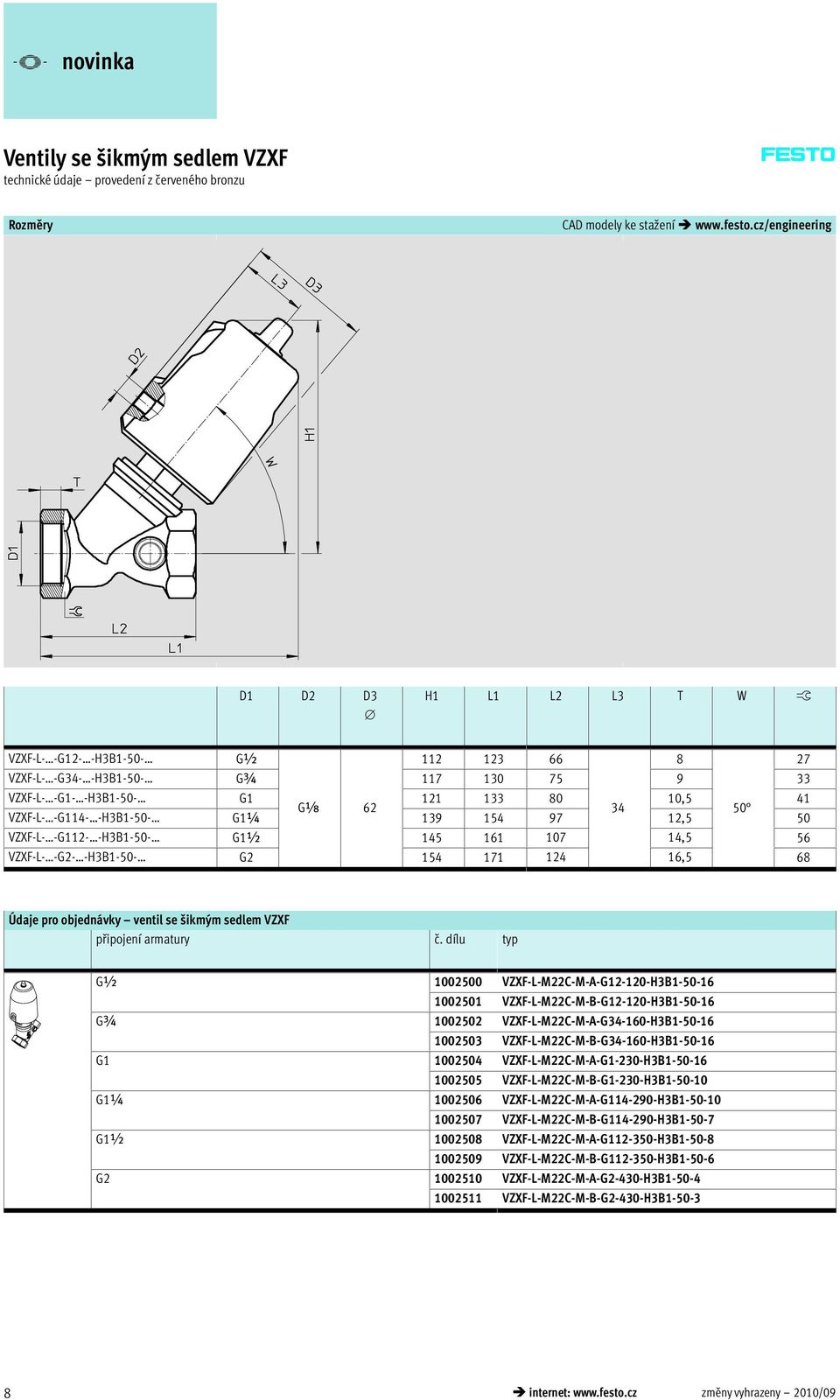 -H3B1-50- G1¼ 139 154 97 12,5 50 VZXF-L- -G112- -H3B1-50- G1½ 145 161 107 14,5 56 VZXF-L- -G2- -H3B1-50- G2 154 171 124 16,5 68 Údaje pro objednávky ventil se šikmým sedlem VZXF připojení armatury č.