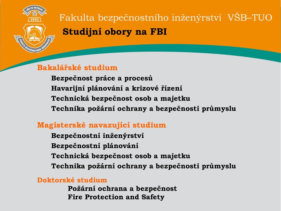 studium Bezpečnostní inženýrství Bezpečnostní plánování Technická bezpečnost osob a majetku Technika