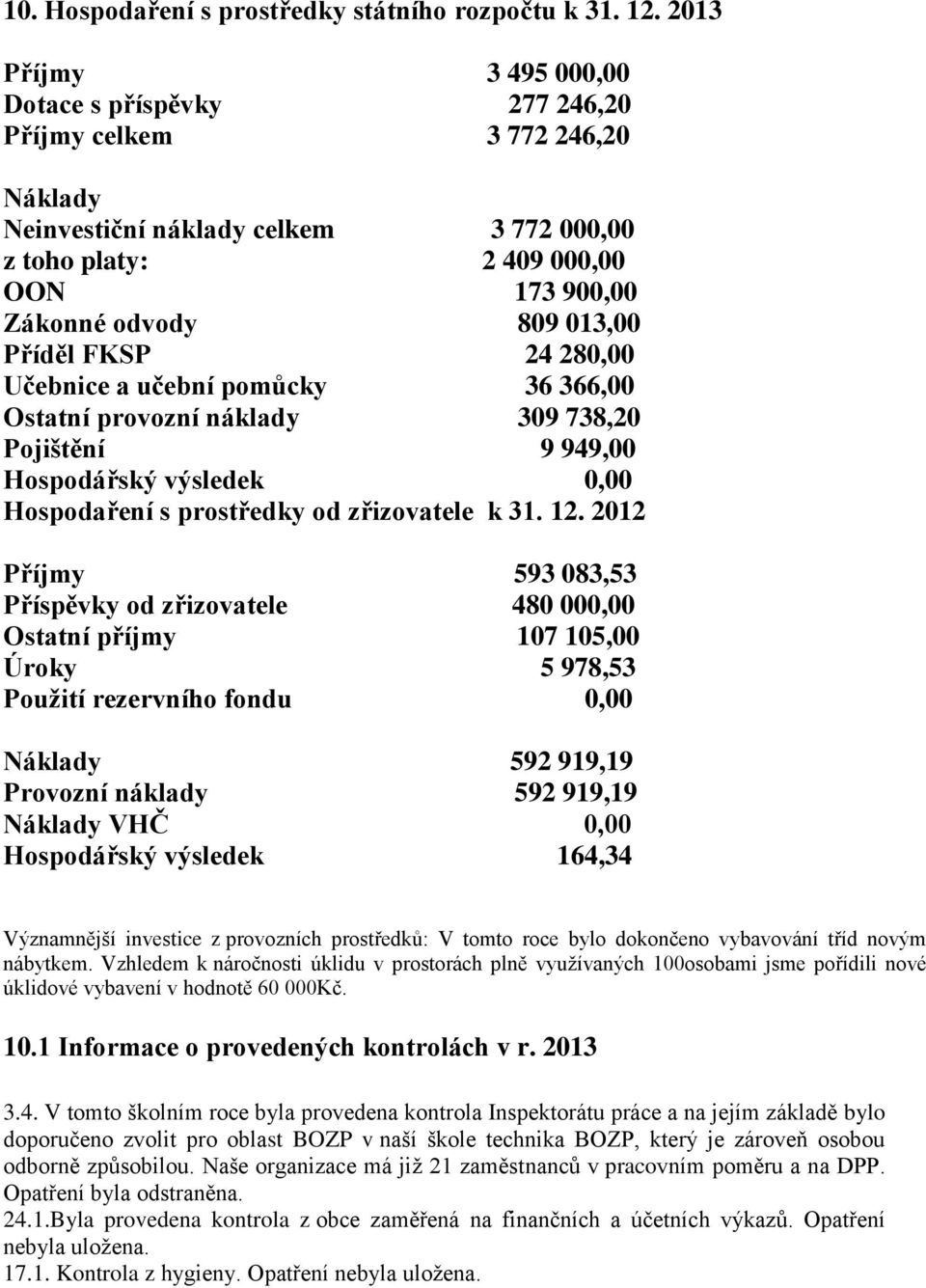 Příděl FKSP 24 280,00 Učebnice a učební pomůcky 36 366,00 Ostatní provozní náklady 309 738,20 Pojištění 9 949,00 Hospodářský výsledek 0,00 Hospodaření s prostředky od zřizovatele k 31. 12.