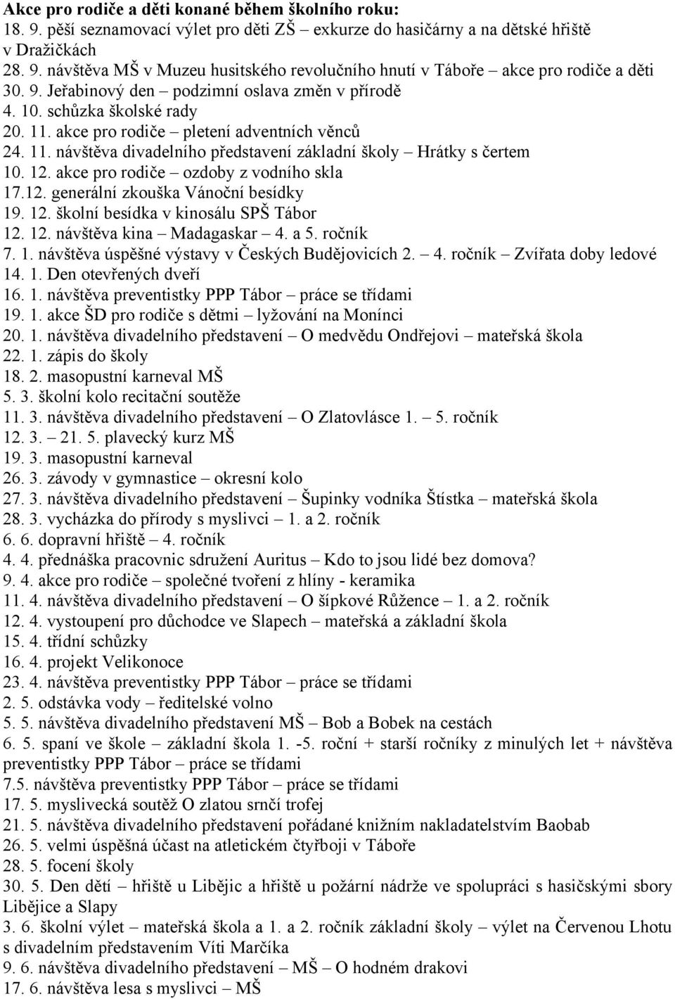 . akce pro rodiče ozdoby z vodního skla 7.. generální zkouška Vánoční besídky 9.. školní besídka v kinosálu SPŠ Tábor.. návštěva kina Madagaskar 4. a 5. ročník 7.