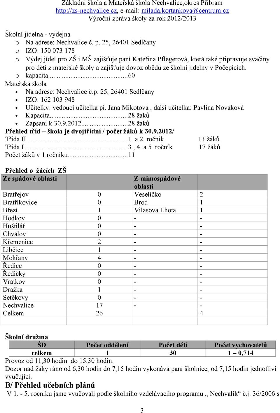 Počepicích. o kapacita...60 Mateřská škola Na adrese: Nechvalice č.p. 25, 26401 Sedlčany IZO: 162 103 948 Učitelky: vedoucí učitelka pí. Jana Mikotová, další učitelka: Pavlína Nováková Kapacita.