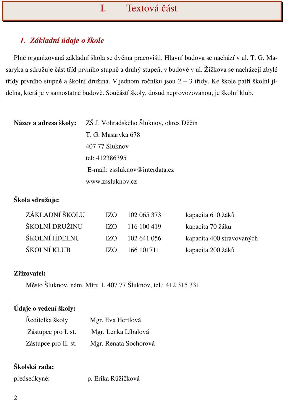 Ke škole patří školní jídelna, která je v samostatné budově. Součástí školy, dosud neprovozovanou, je školní klub. Název a adresa školy: ZŠ J. Vohradského Šluknov, okres Děčín T. G.