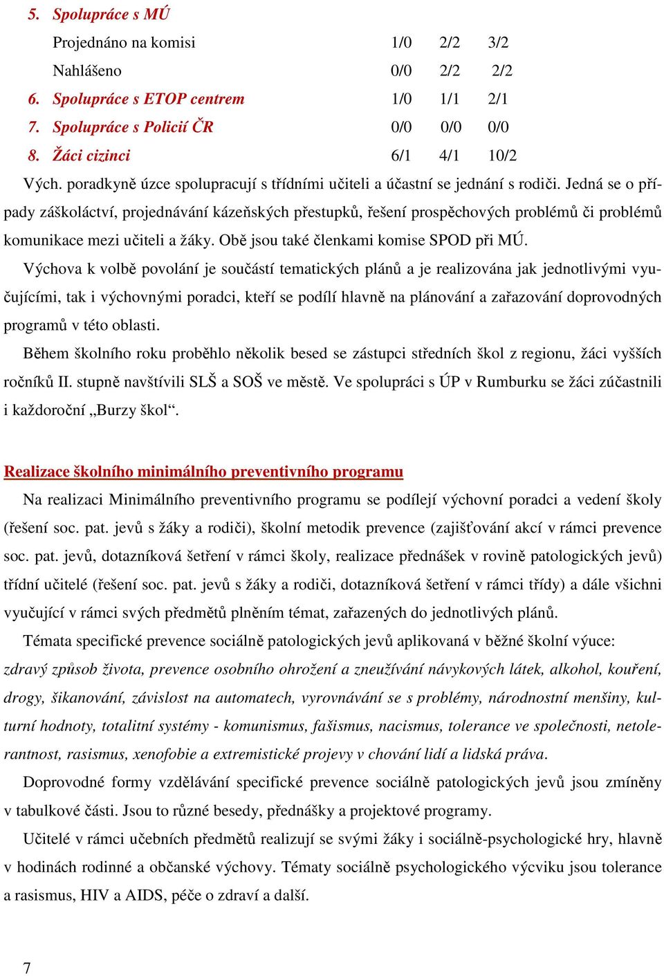 Jedná se o případy záškoláctví, projednávání kázeňských přestupků, řešení prospěchových problémů či problémů komunikace mezi učiteli a žáky. Obě jsou také členkami komise SPOD při MÚ.