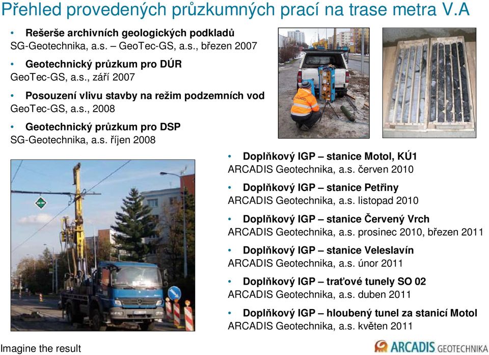 s. prosinec 2010, březen 2011 Doplňkový IGP stanice Veleslavín ARCADIS Geotechnika, a.s. únor 2011 Doplňkový IGP traťové tunely SO 02 ARCADIS Geotechnika, a.s. duben 2011 Doplňkový IGP hloubený tunel za stanicí Motol ARCADIS Geotechnika, a.