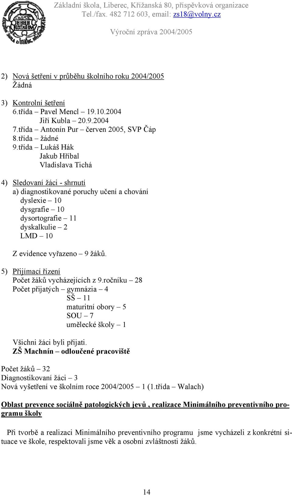 9 žáků. 5) Přijímací řízení Počet žáků vycházejících z 9.ročníku 28 Počet přijatých gymnázia 4 SŠ 11 maturitní obory 5 SOU 7 umělecké školy 1 Všichni žáci byli přijati.