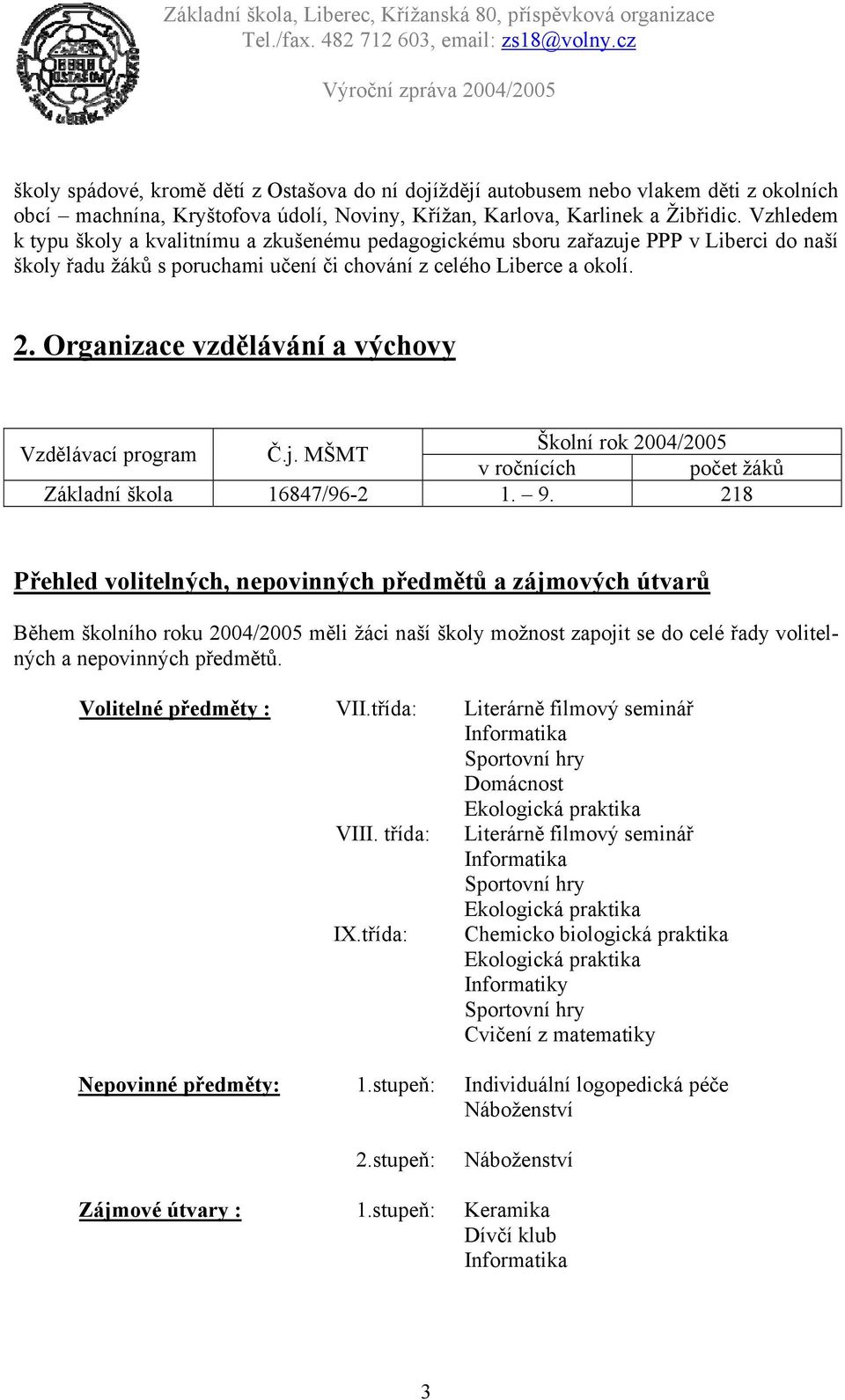 Organizace vzdělávání a výchovy Školní rok 2004/2005 Vzdělávací program Č.j. MŠMT v ročnících počet žáků Základní škola 16847/96-2 1. 9.