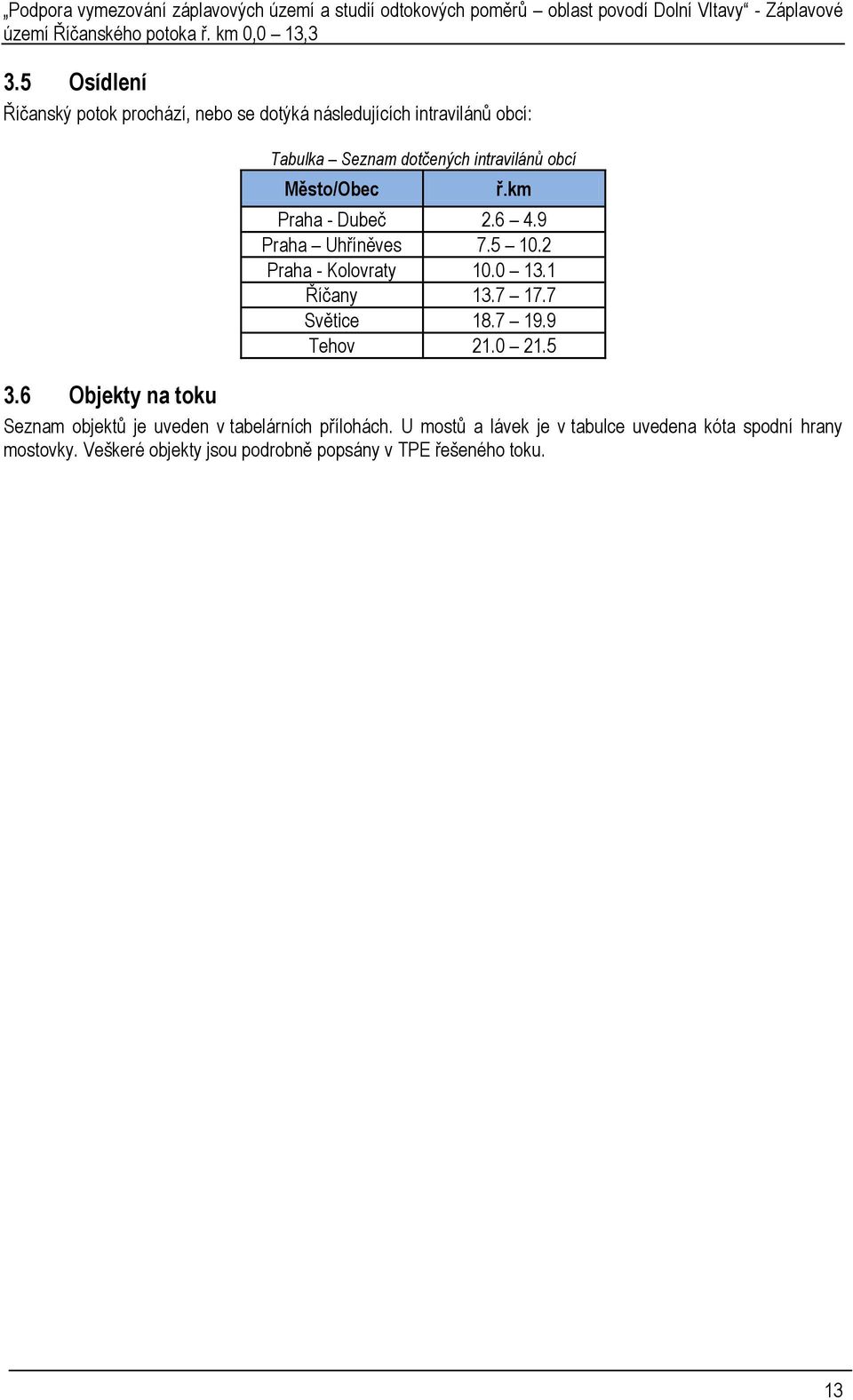 1 Říčany 13.7 17.7 Světice 18.7 19.9 Tehov 21.0 21.5 3.