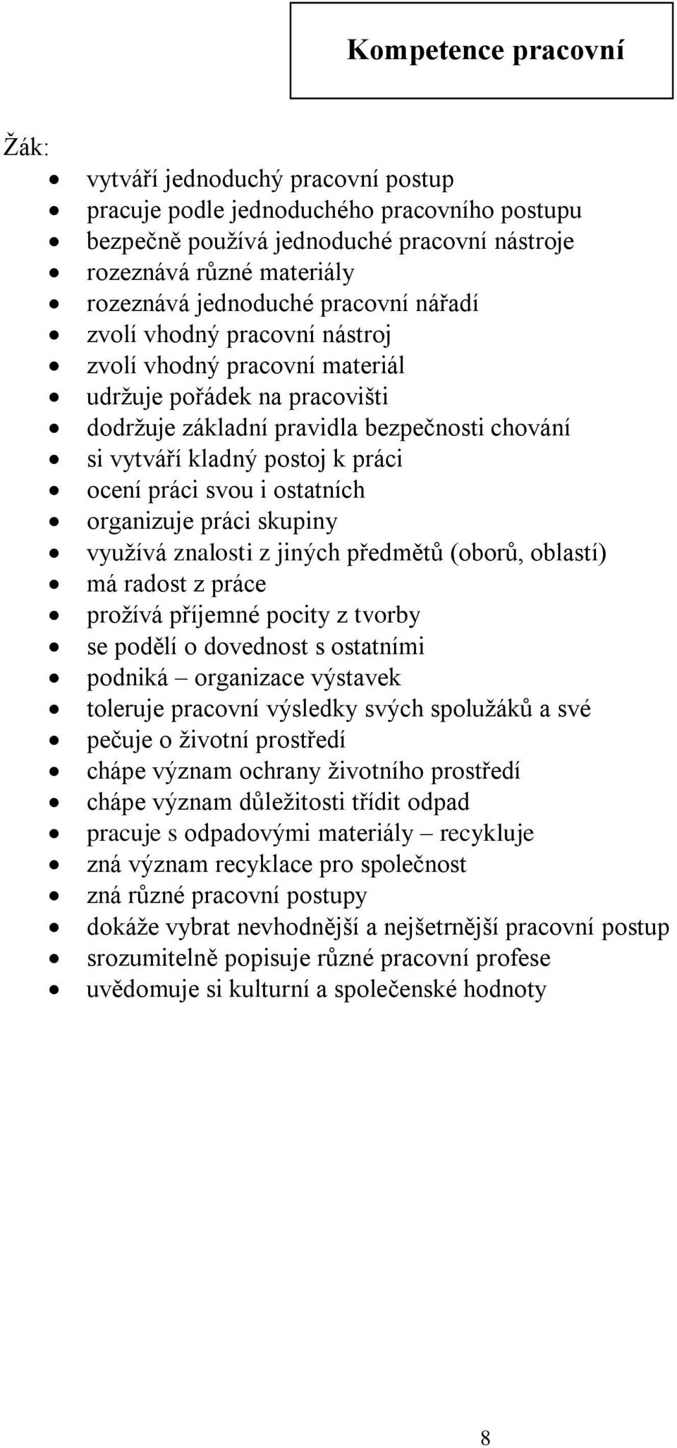 svou i ostatních organizuje práci skupiny využívá znalosti z jiných předmětů (oborů, oblastí) má radost z práce prožívá příjemné pocity z tvorby se podělí o dovednost s ostatními podniká organizace