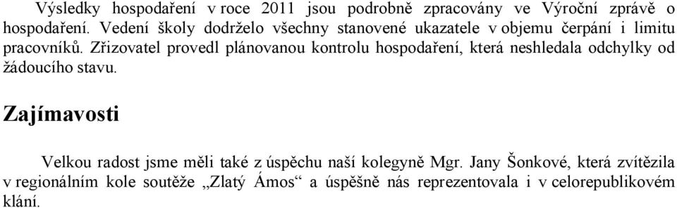 Zřizovatel provedl plánovanou kontrolu hospodaření, která neshledala odchylky od žádoucího stavu.