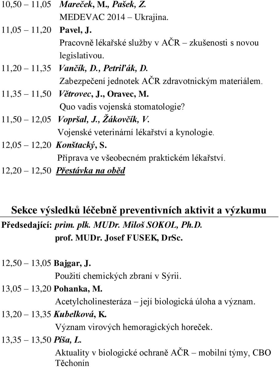 Vojenské veterinární lékařství a kynologie. 12,05 12,20 Konštacký, S. Příprava ve všeobecném praktickém lékařství.