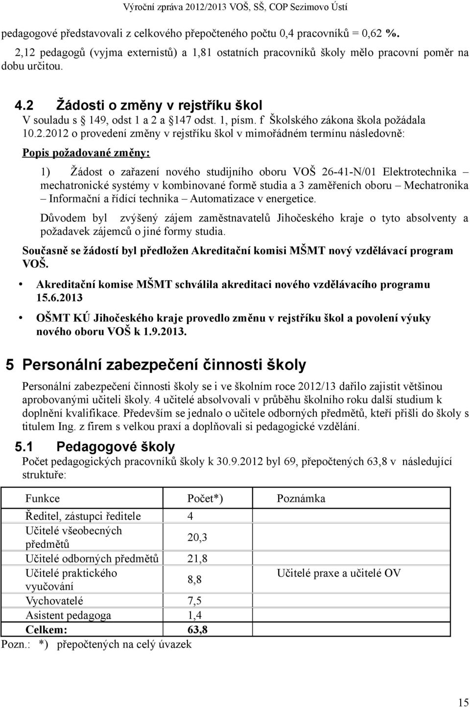 Popis požadované změny: 1) Žádost o zařazení nového studijního oboru VOŠ 26-41-N/01 Elektrotechnika mechatronické systémy v kombinované formě studia a 3 zaměřeních oboru Mechatronika Informační a