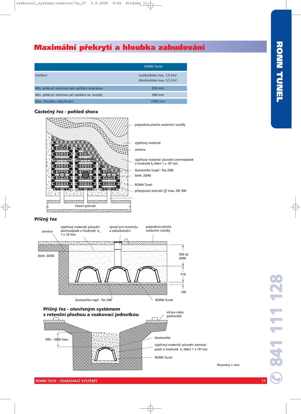 hloubka zabudování 2500 mm RONN TUNEL Částečný řez - pohled shora pojezdová plocha osobními vozidly výplňový materiál zemina výplňový materiál: původní zemina/písek o hodnotě k f -Wert 1 x 10-5 m/s
