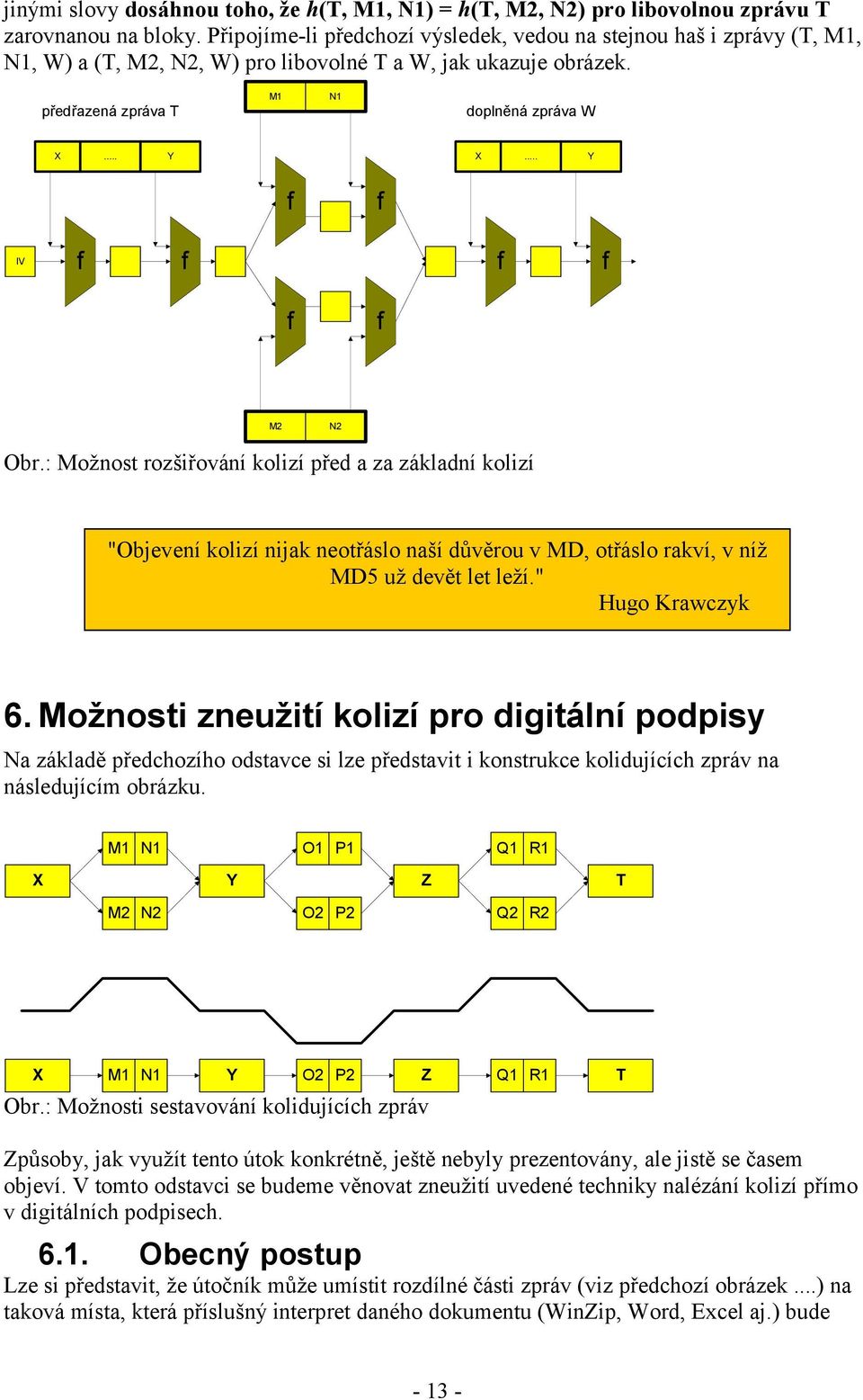 .. Y IV M2 N2 Obr.: Možnost rozšiřování kolizí před a za základní kolizí "Objevení kolizí nijak neotřáslo naší důvěrou v MD, otřáslo rakví, v níž MD5 už devět let leží." Hugo Krawczyk 6.