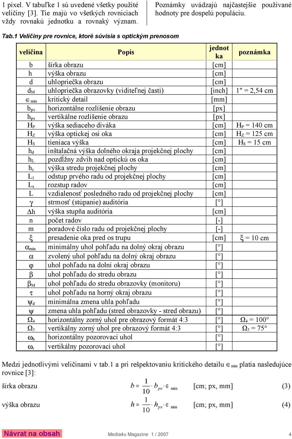 1 Veličiny pre rovnice, ktoré súvisia s optickým prenosom veličina Popis jednot ka poznámka b šírka obrazu [cm] h výška obrazu [cm] d uhlopriečka obrazu [cm] d M uhlopriečka obrazovky (viditeľnej