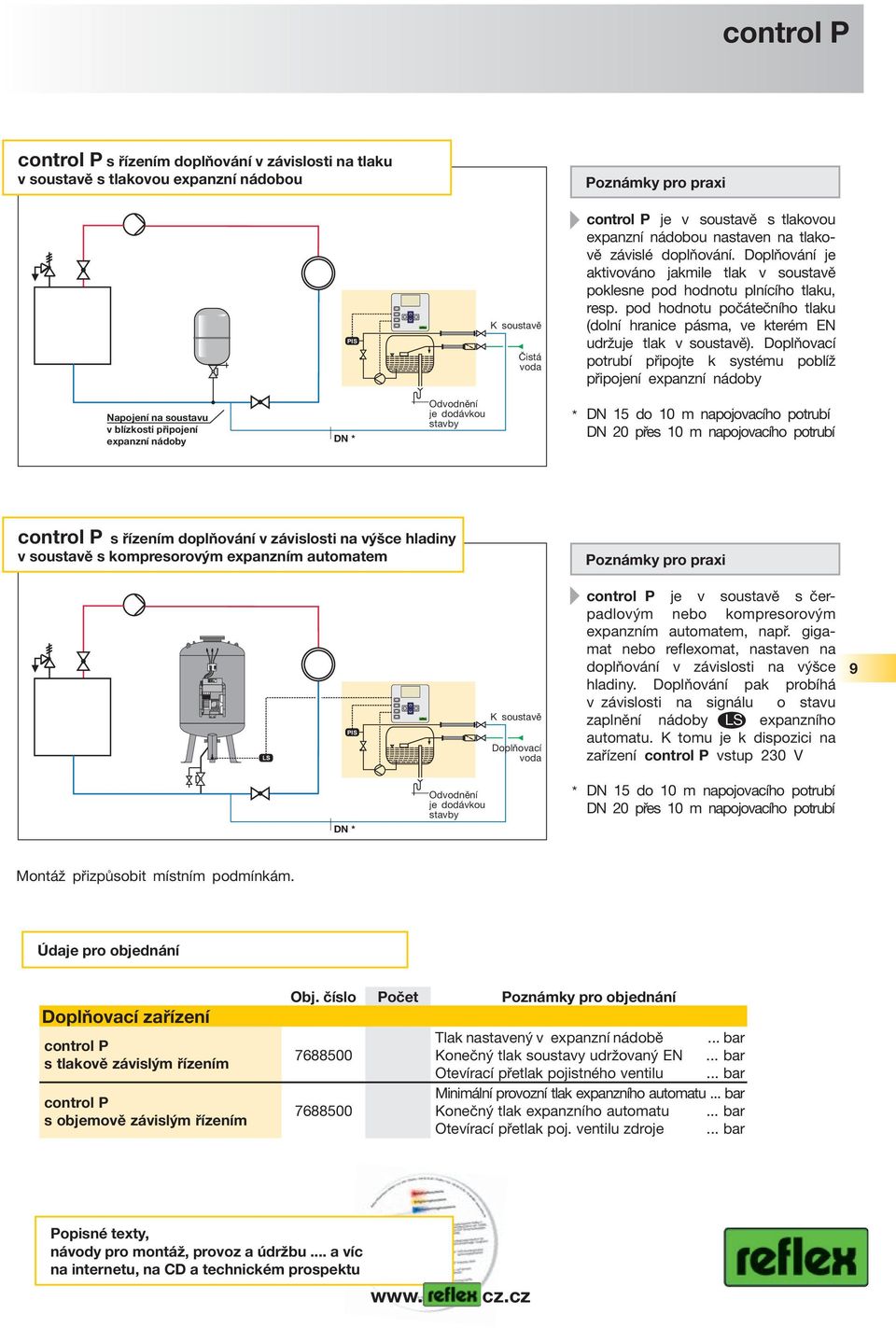 voda control P je v soustavě s tlakovou expanzní nádobou nastaven na tlakově závislé doplňování. Doplňování je aktivováno jakmile tlak v soustavě poklesne pod hodnotu plnícího tlaku, resp.