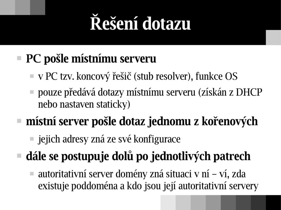 nastaven staticky) místní server pošle dotaz jednomu z kořenových jejich adresy zná ze své