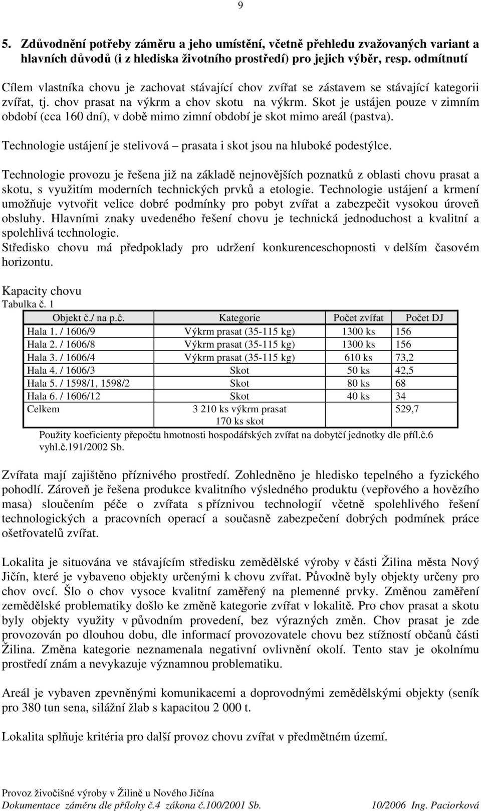 Skot je ustájen pouze v zimním období (cca 160 dní), v době mimo zimní období je skot mimo areál (pastva). Technologie ustájení je stelivová prasata i skot jsou na hluboké podestýlce.