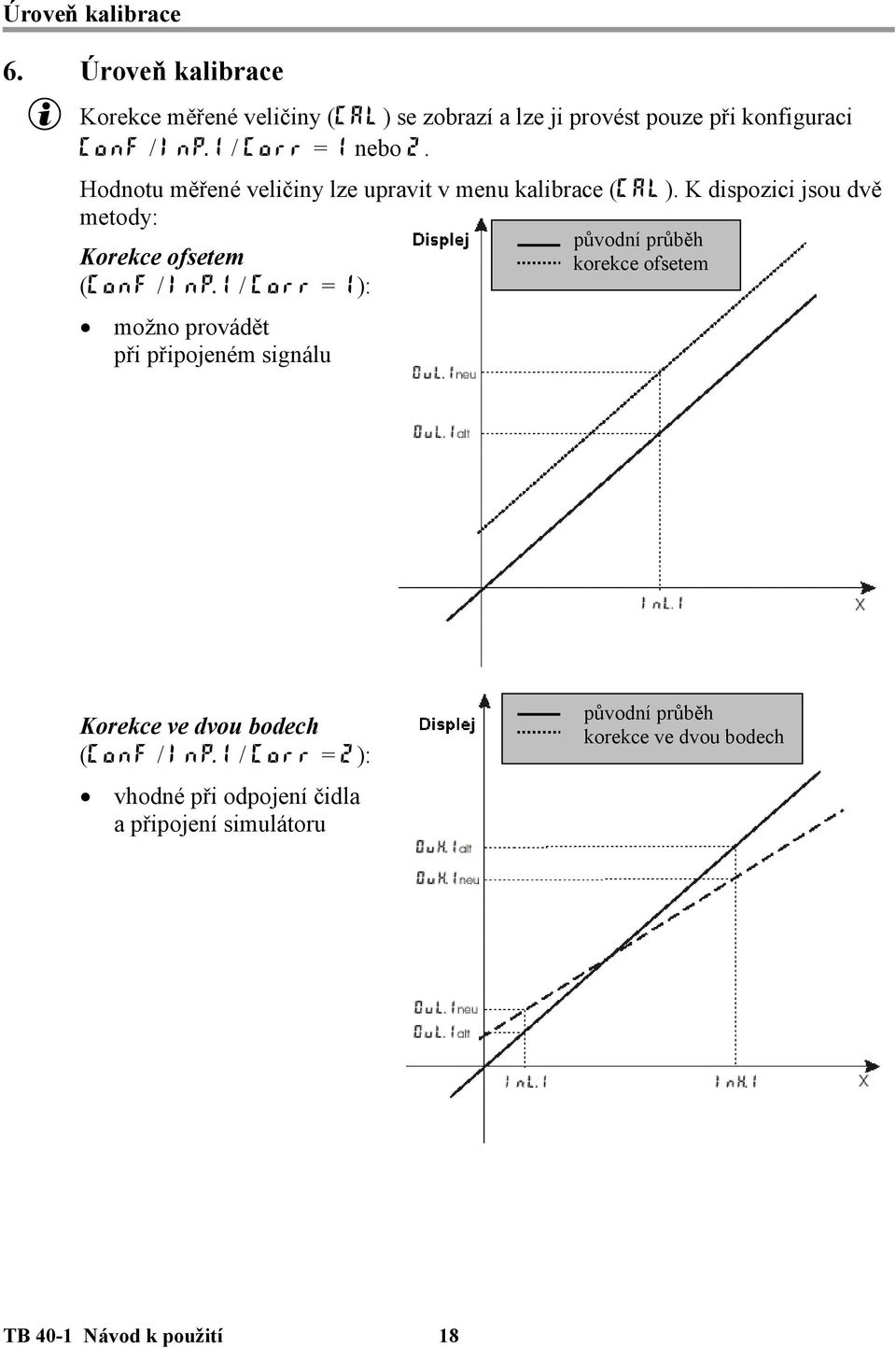 1 / Corr = 1 nebo 2. Hodnotu měřené veličiny lze upravit v menu kalibrace (CAL).