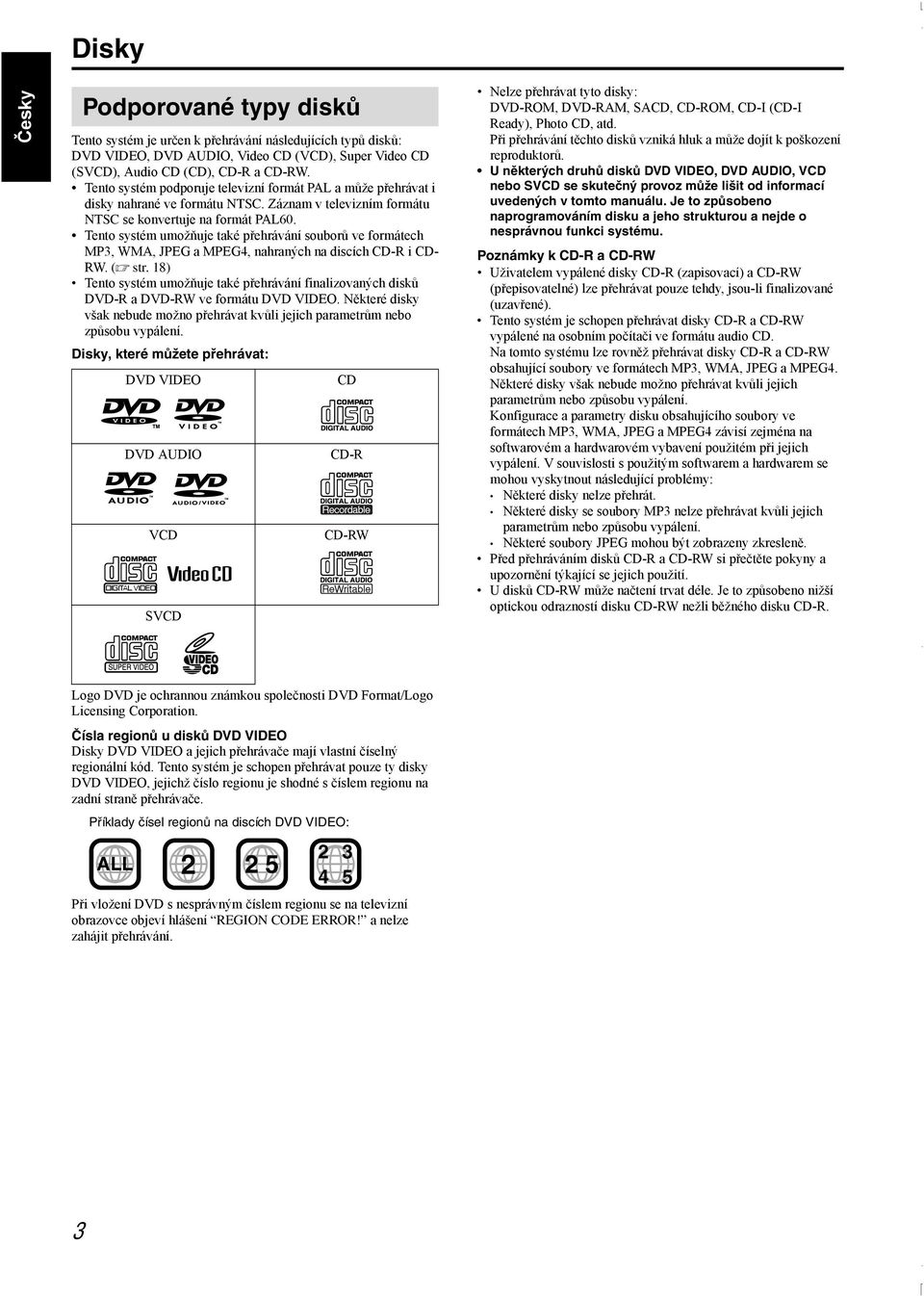 Tento systém umožňuje také přehrávání souborů ve formátech MP3, WMA, JPEG a MPEG4, nahraných na discích CD-R i CD- RW. (A str.