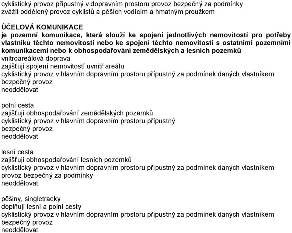 pozemků vnitroareálová doprava zajišťují spojení nemovitostí uvnitř areálu cyklistický provoz v hlavním dopravním prostoru přípustný za podmínek daných vlastníkem bezpečný provoz neoddělovat polní