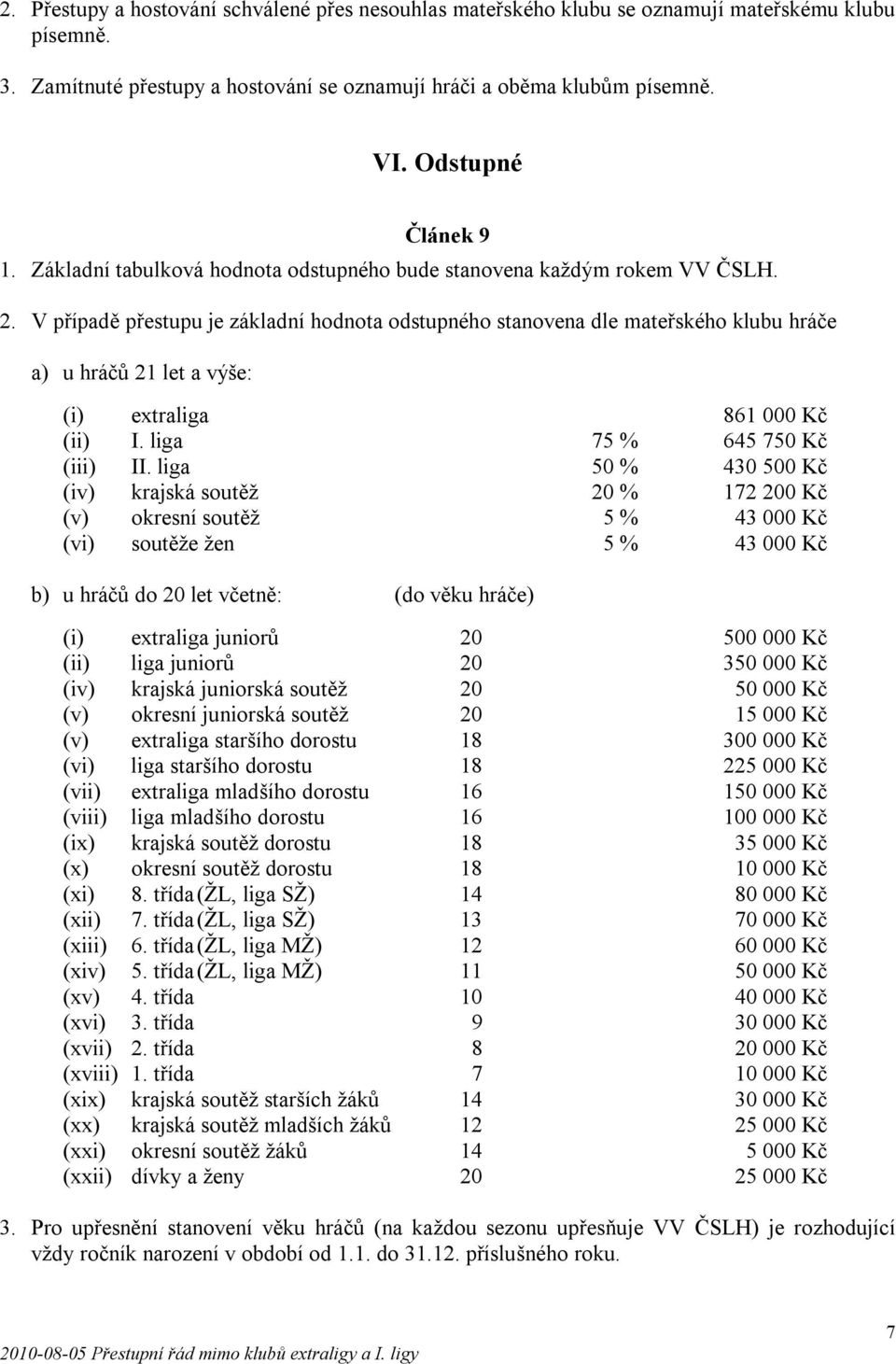 V případě přestupu je základní hodnota odstupného stanovena dle mateřského klubu hráče a) u hráčů 21 let a výše: (i) extraliga 861 000 Kč (ii) I. liga 75 % 645 750 Kč (iii) II.