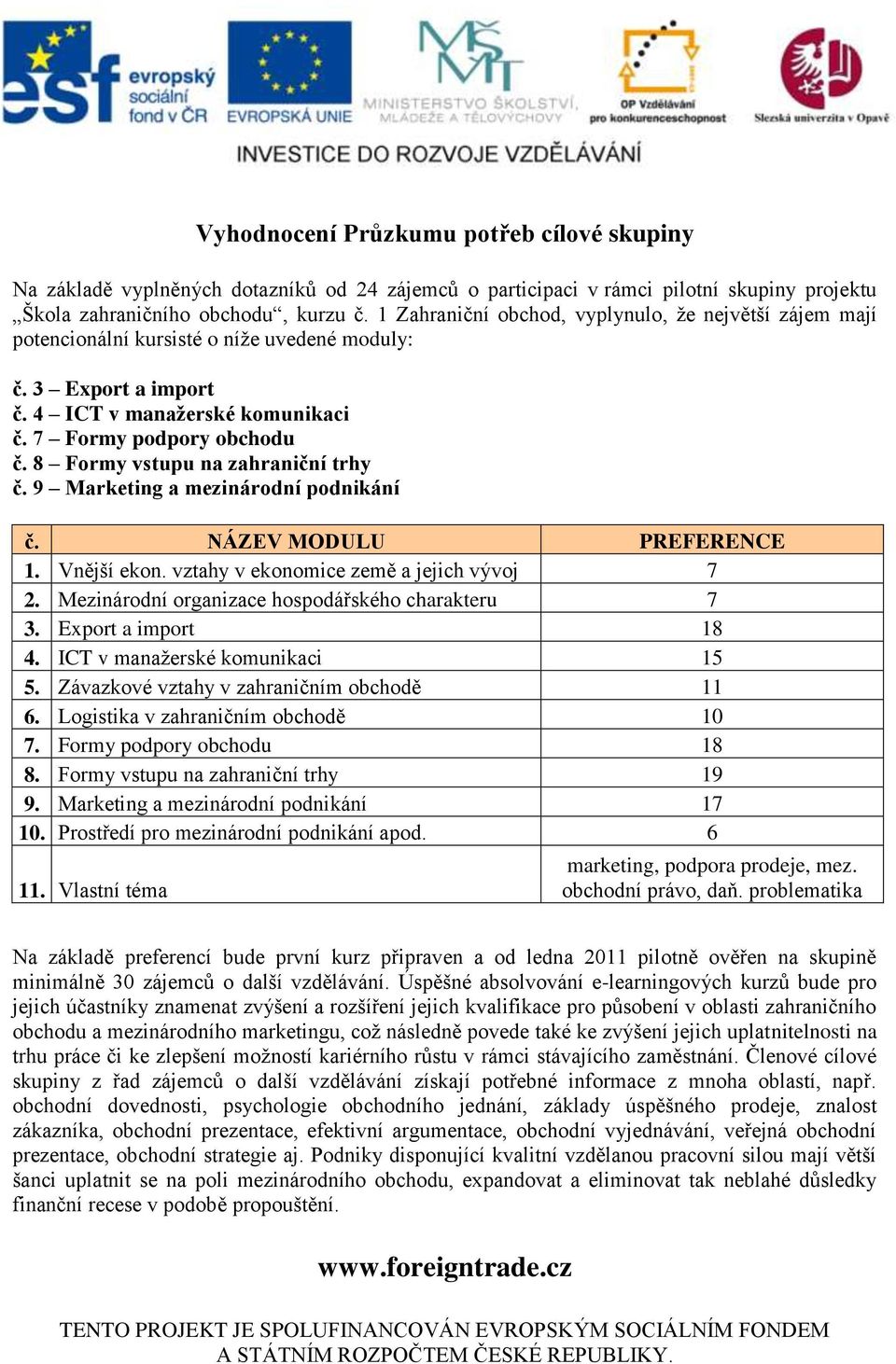 8 Formy vstupu na zahraniční trhy č. 9 Marketing a mezinárodní podnikání č. NÁZEV MODULU PREFERENCE 1. Vnější ekon. vztahy v ekonomice země a jejich vývoj 7 2.