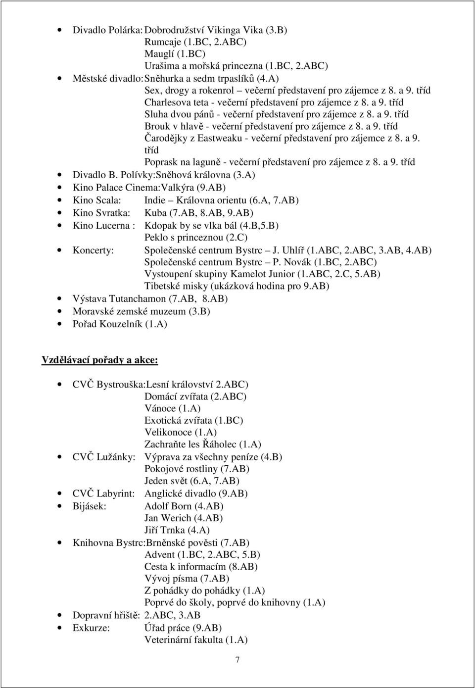 a 9. tříd Čarodějky z Eastweaku - večerní představení pro zájemce z 8. a 9. tříd Poprask na laguně - večerní představení pro zájemce z 8. a 9. tříd Divadlo B. Polívky:Sněhová královna (3.
