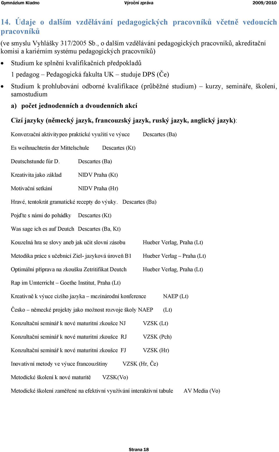 DPS (Če) Studium k prohlubování odborné kvalifikace (průběžné studium) kurzy, semináře, školení, samostudium a) počet jednodenních a dvoudenních akcí Cizí jazyky (německý jazyk, francouzský jazyk,