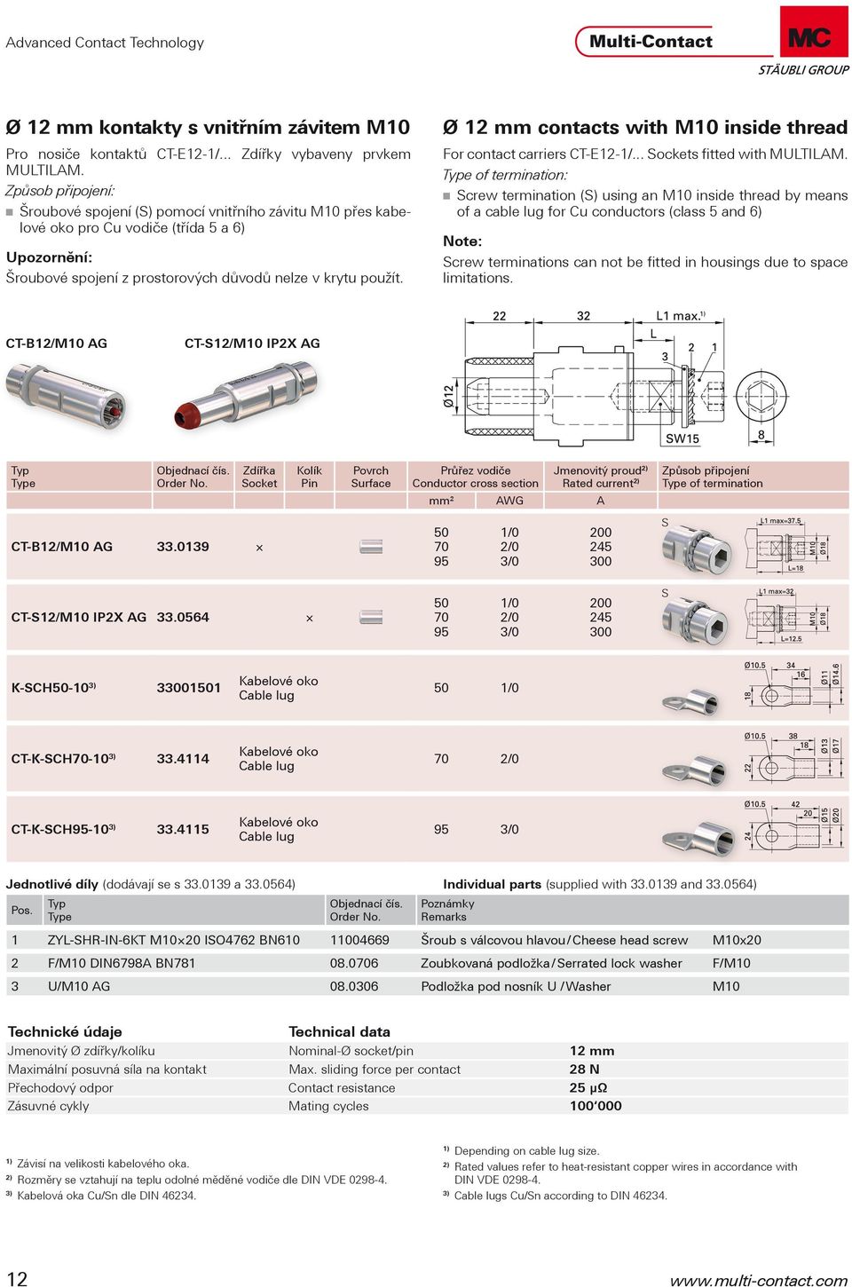 Ø 12 mm contacts with M10 inside thread For contact carriers CT-E12-1/... Sockets fitted with MULTILAM.