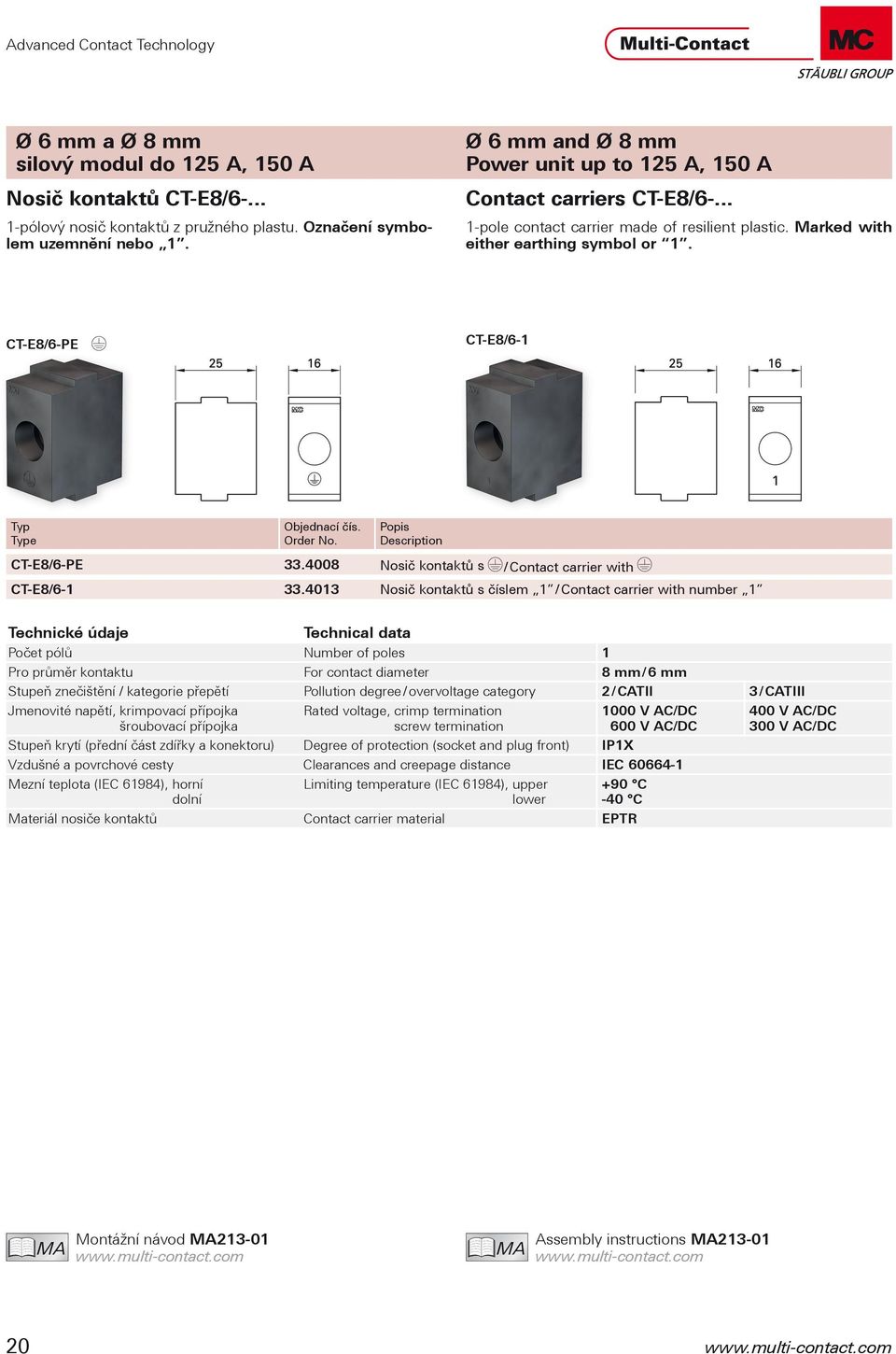 .. 1-pole contact carrier made of resilient plastic. Marked with either earthing symbol or 1. CT-E8/6-PE CT-E8/6-1 Popis Description CT-E8/6-PE 33.