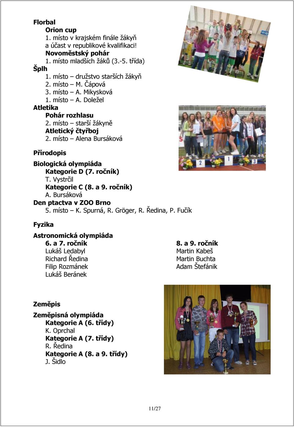 Vystrčil Kategorie C (8. a 9. ročník) A. Bursáková Den ptactva v ZOO Brno 5. místo K. Spurná, R. Gröger, R. Ředina, P. Fučík Fyzika Astronomická olympiáda 6. a 7.